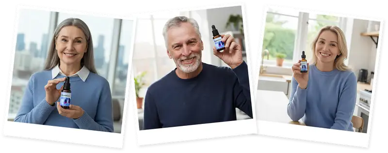 Three smiling adults holding bottles of BreathiZen liquid supplement